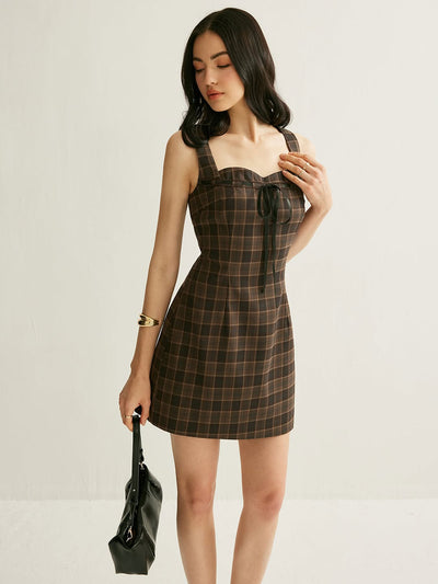 Brown Gingham Print Short Sweetheart Neck Dress