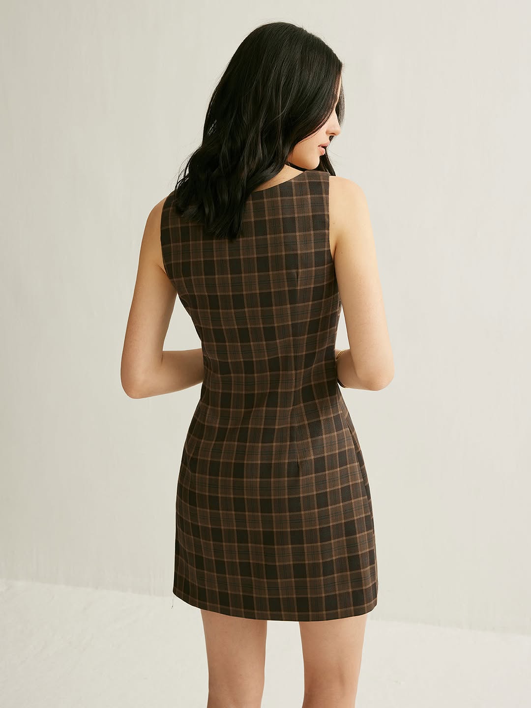 Brown Gingham Print Short Sweetheart Neck Dress