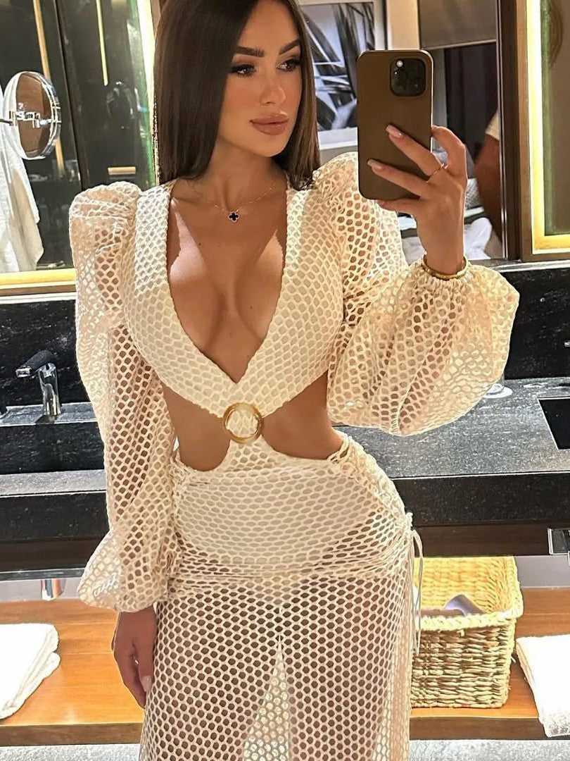 Crochet Cutout Buckle Bodysuit & Skirt Swimsuit Set