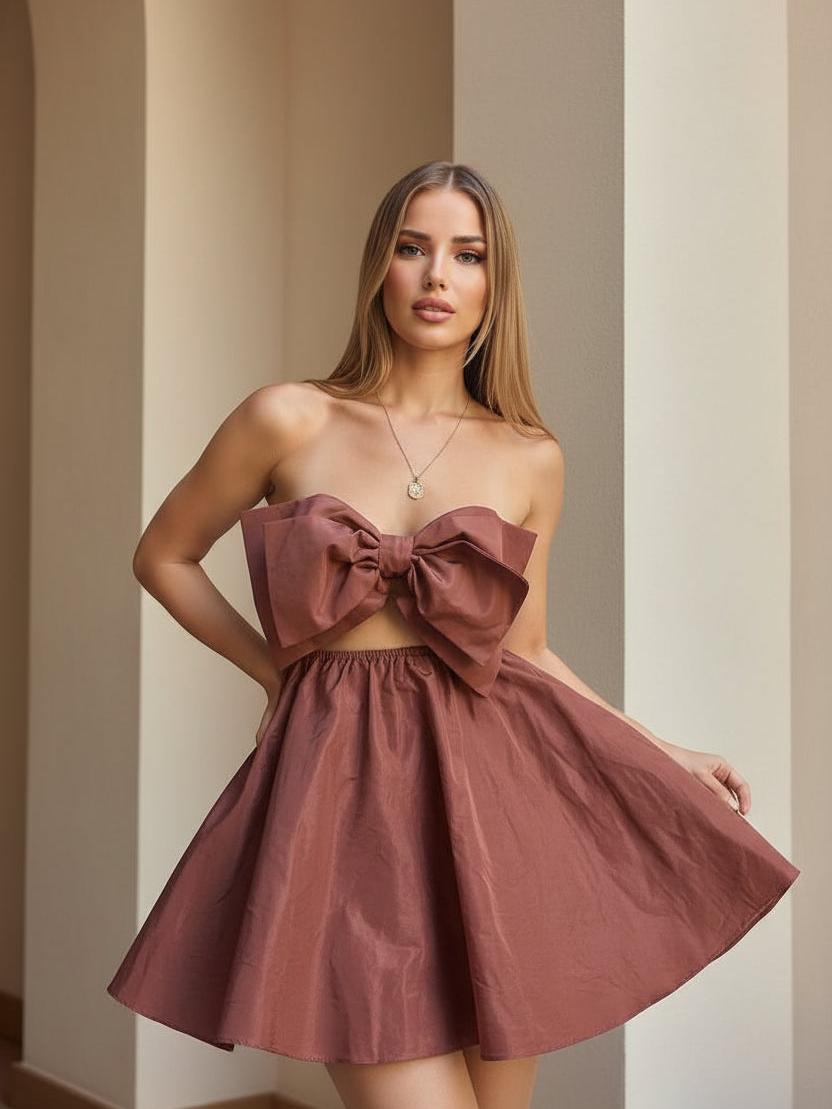 Rust-brown strapless mini dress with a large front bow and full A-line skirt, worn by a smiling woman beside red bougainvillea outdoors.