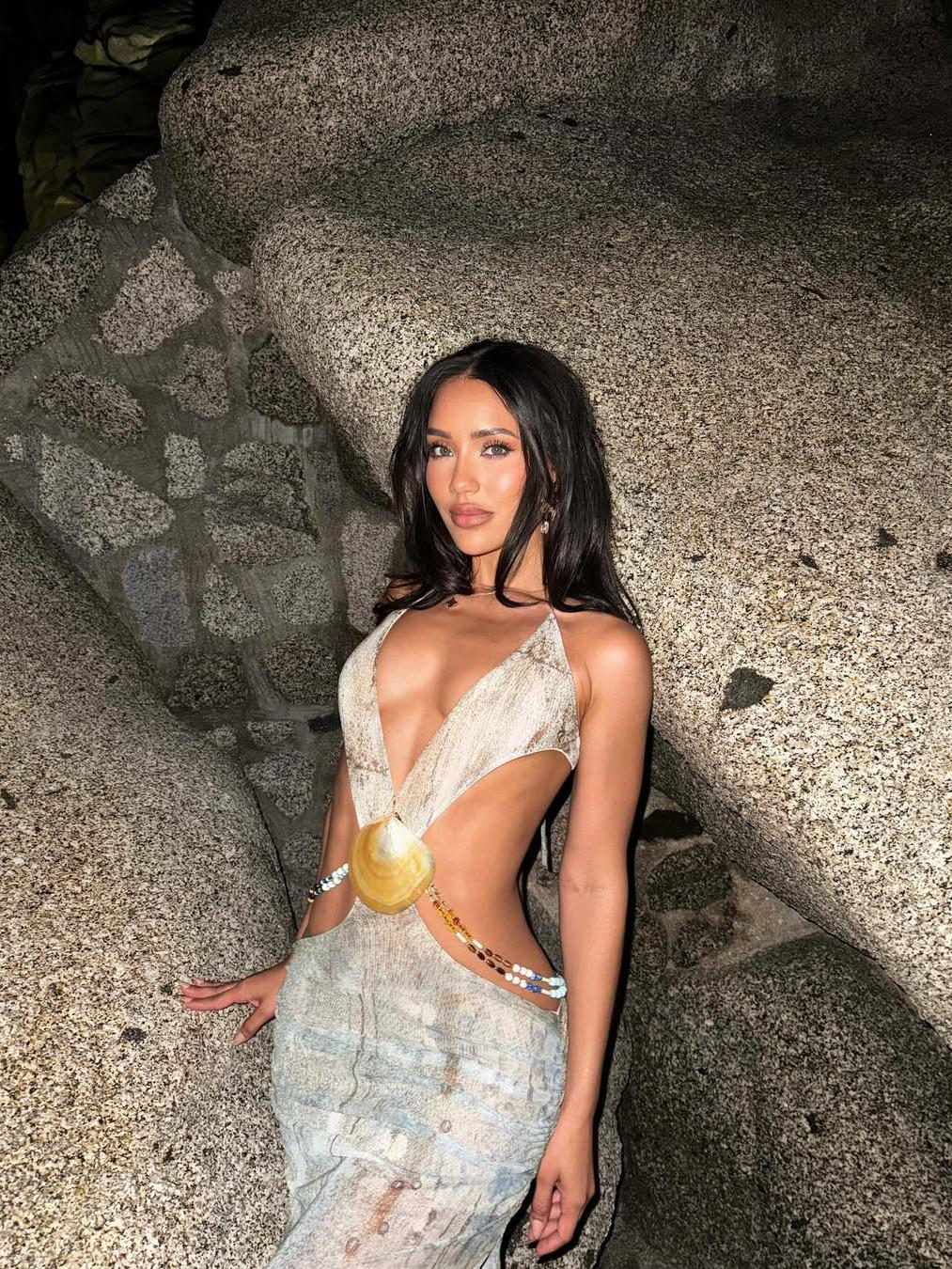 Beaded Strap Deep Neck Shell Cutout Tie Dye Dress