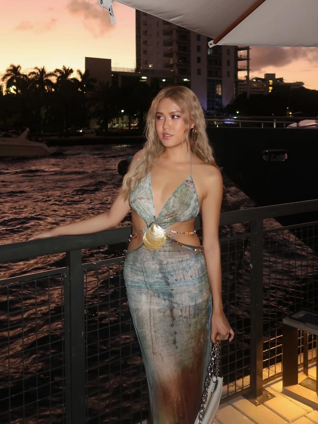 Beaded Strap Deep Neck Shell Cutout Tie Dye Dress