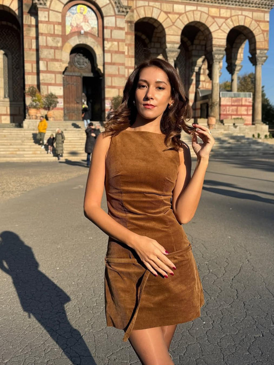Corduroy Sleeveless Short Dress With Belt