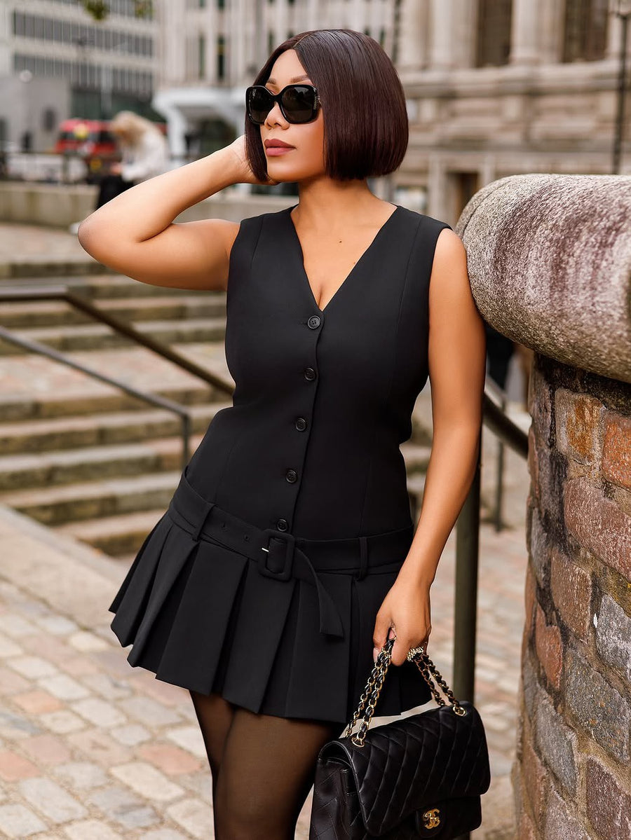 Pleated A-line Short Dress With Belt