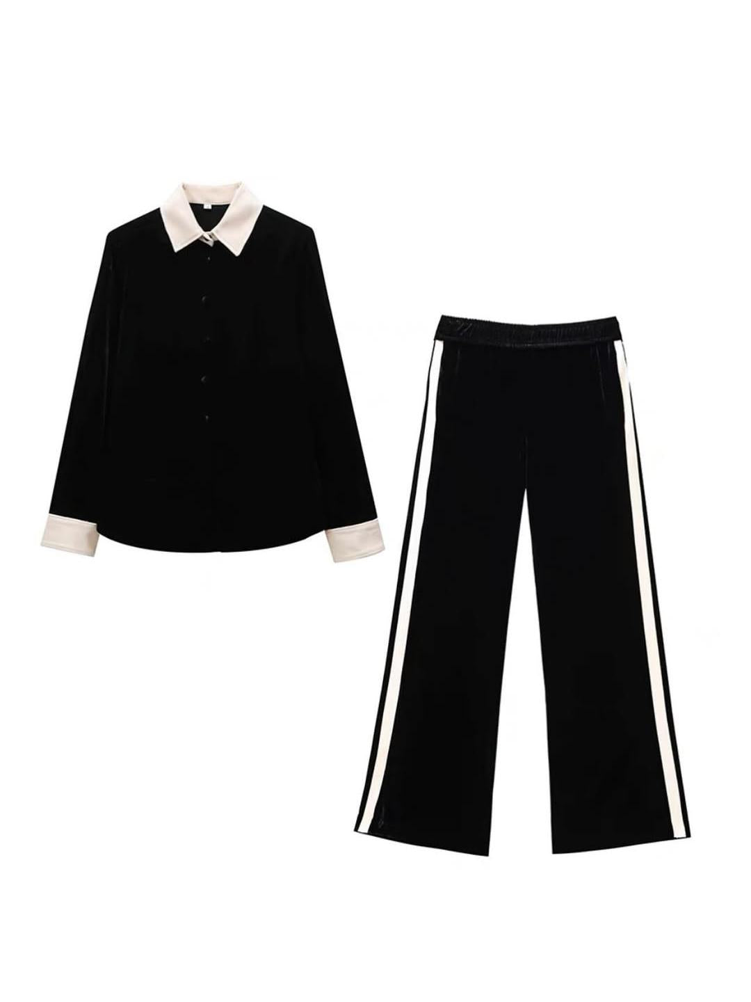 Velvet Shirt & Wide Leg Pants Coord Set