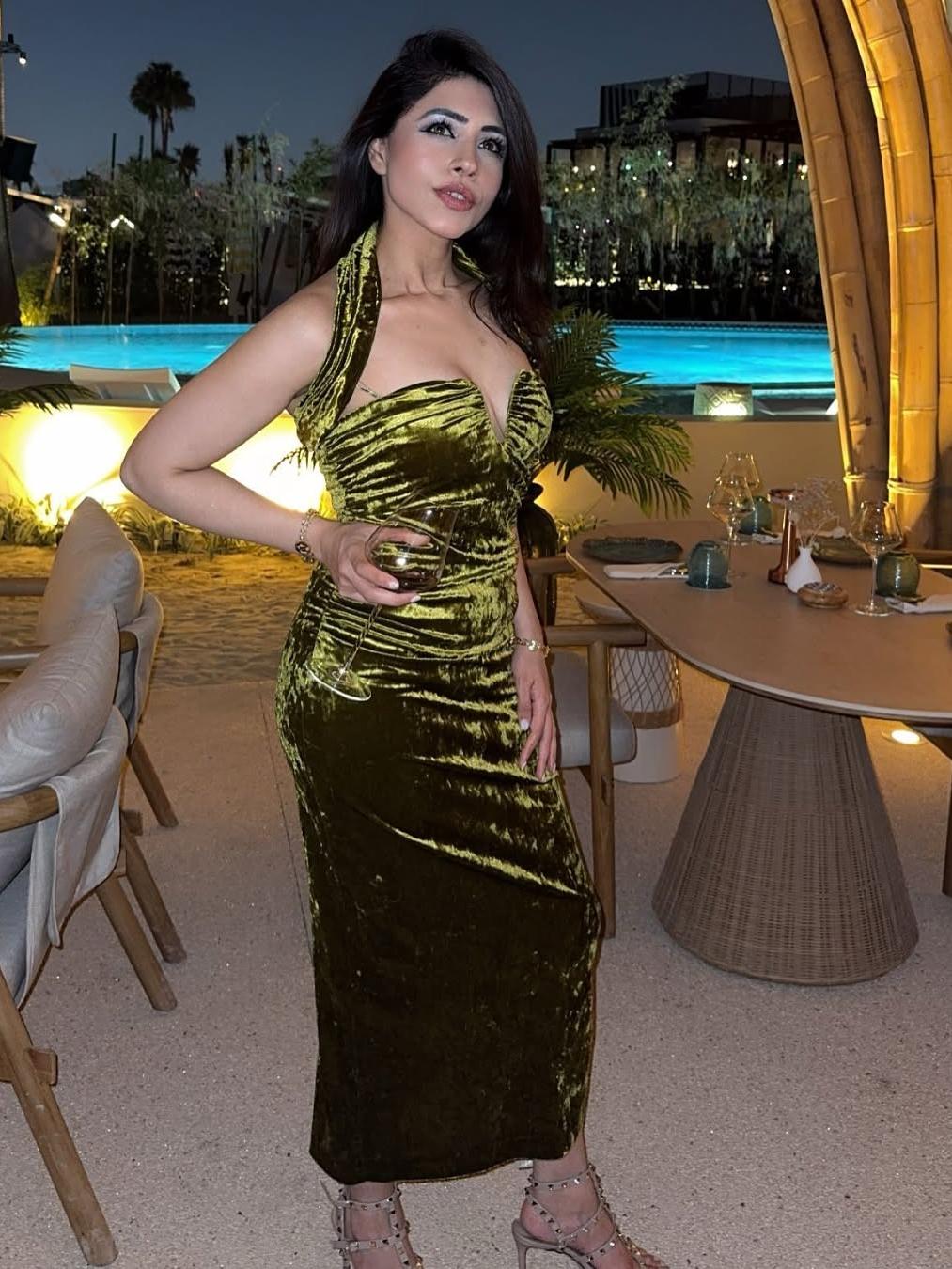 Green Halterneck Deep Neck Velvet Dress