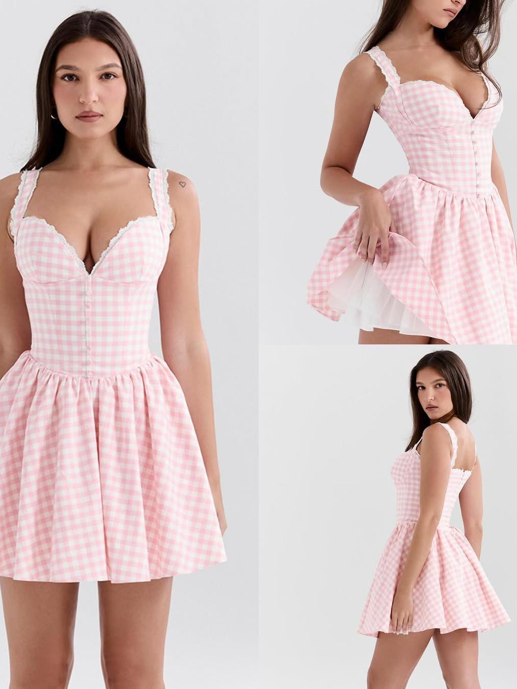 Sweetheart Neck Corset Gingham Print Short Dress