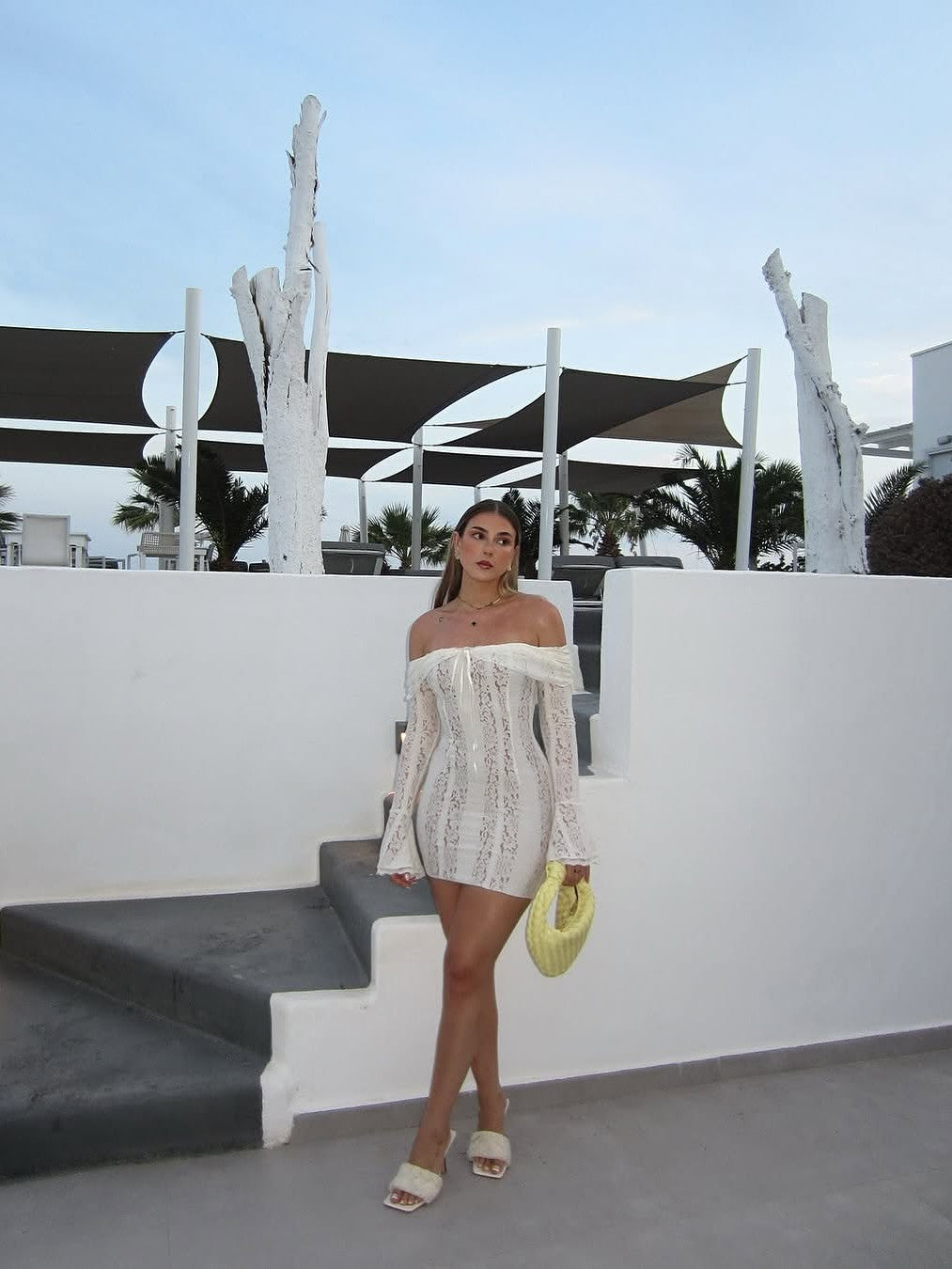 Off Shoulder Bell Sleeves Floral Lace Short Dress