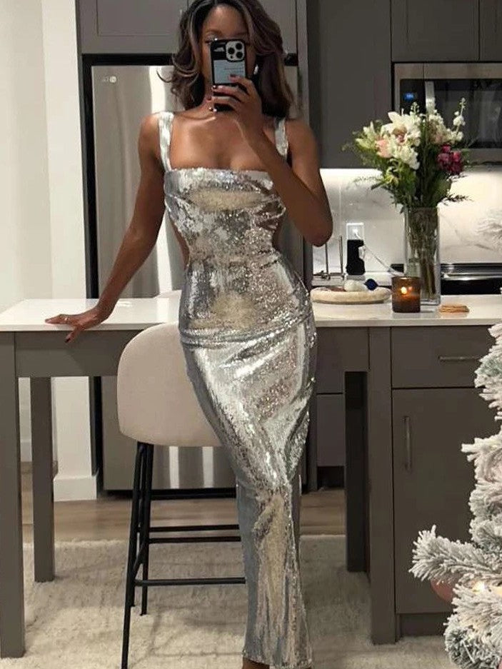 Sequins Backless Slit Sling Maxi Dress