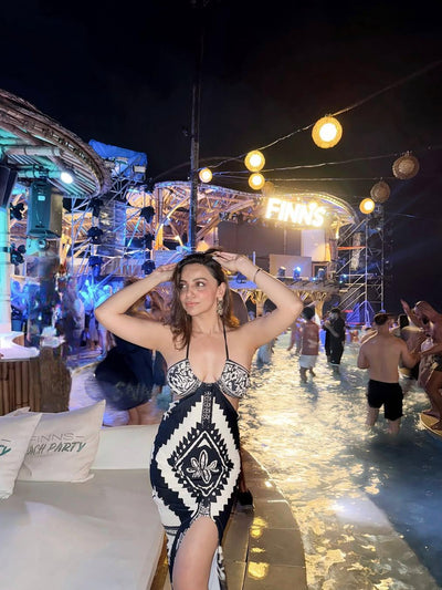 Geometric Print Halterneck Chiffon Dress & 2 Piece Bikini Swimsuit Set