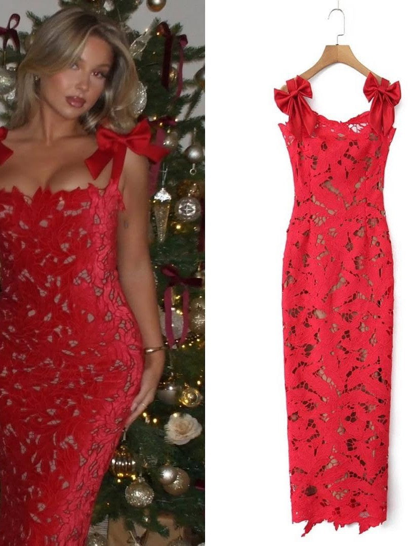 Bow Tied Strap Floral Cutout Slit Maxi Dress