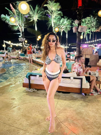 Geometric Print Halterneck Chiffon Dress & 2 Piece Bikini Swimsuit Set