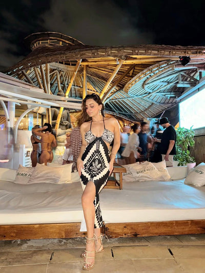 Geometric Print Halterneck Chiffon Dress & 2 Piece Bikini Swimsuit Set