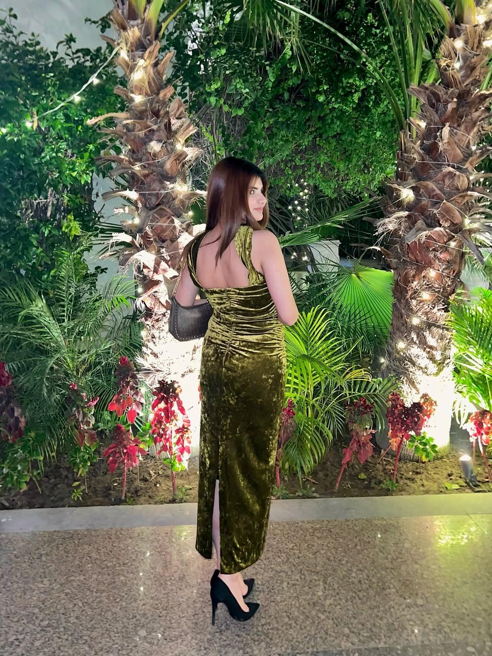 Green Halterneck Deep Neck Velvet Dress Green Halterneck Deep Neck Velvet Dress
