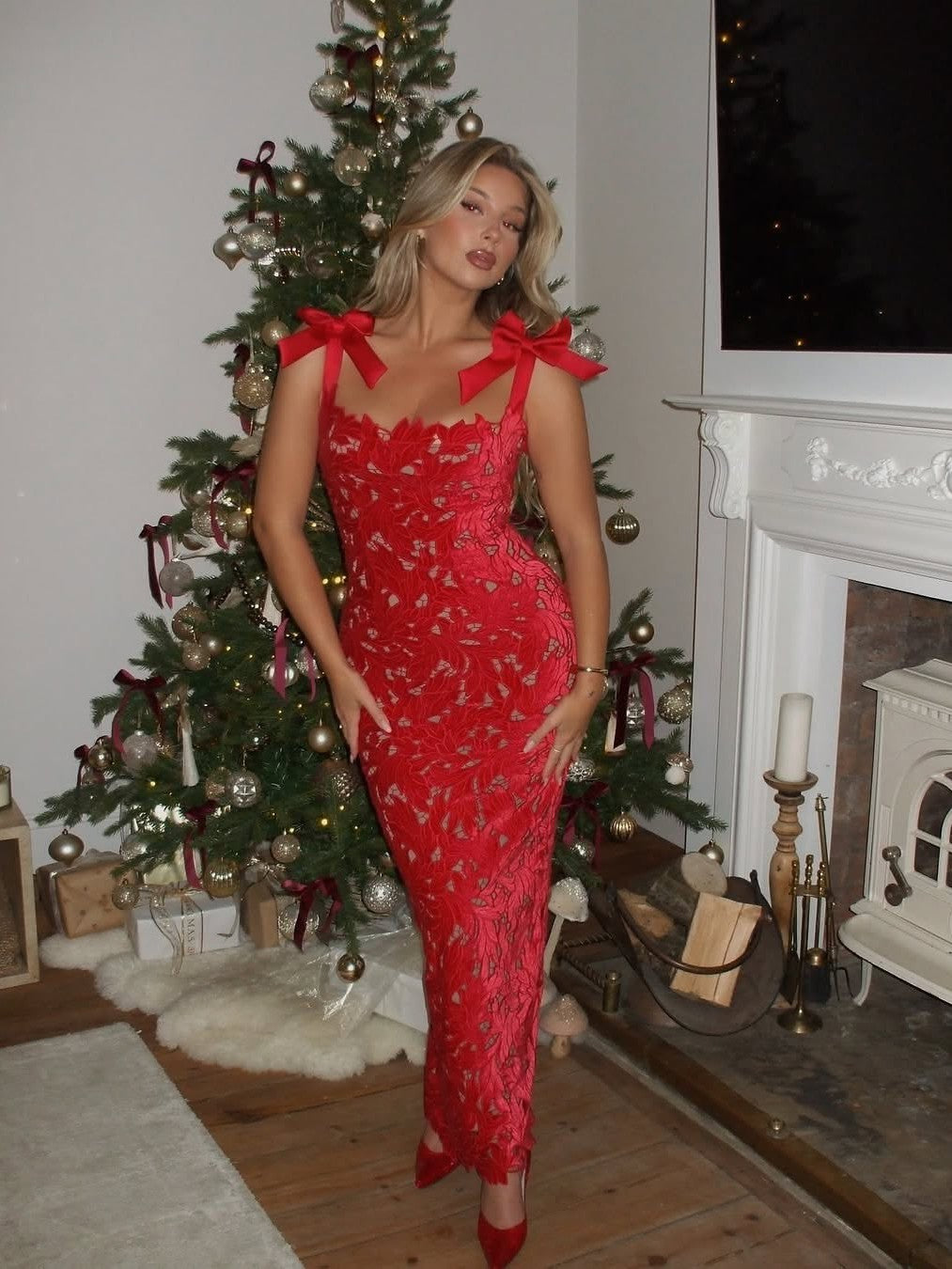 Bow Tied Strap Floral Cutout Slit Maxi Dress