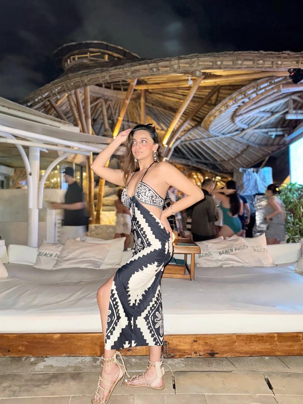 Geometric Print Halterneck Chiffon Dress & 2 Piece Bikini Swimsuit Set