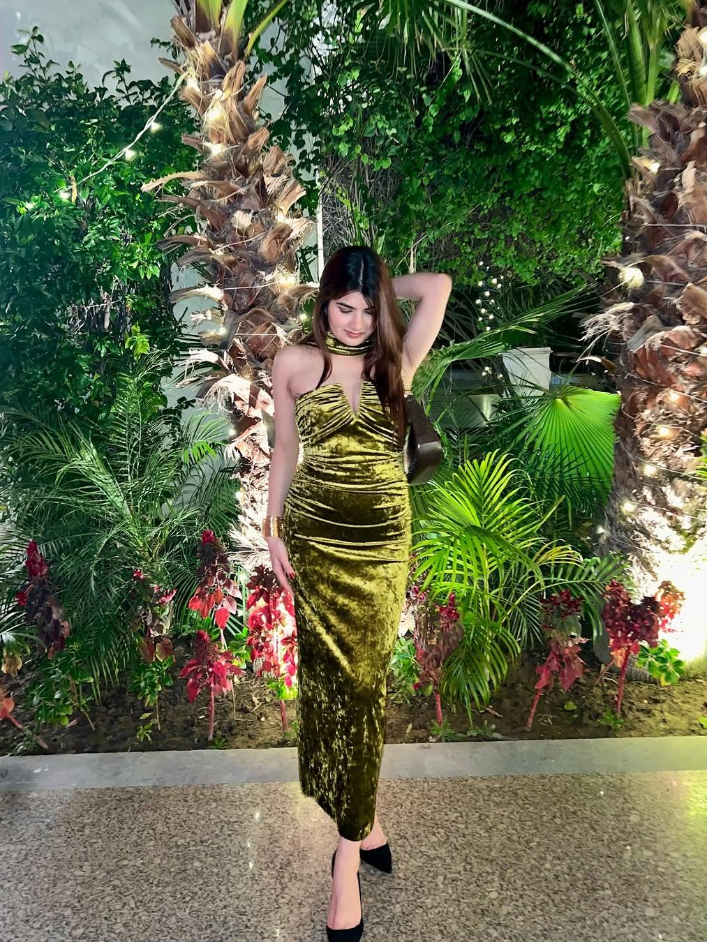 Green Halterneck Deep Neck Velvet Dress