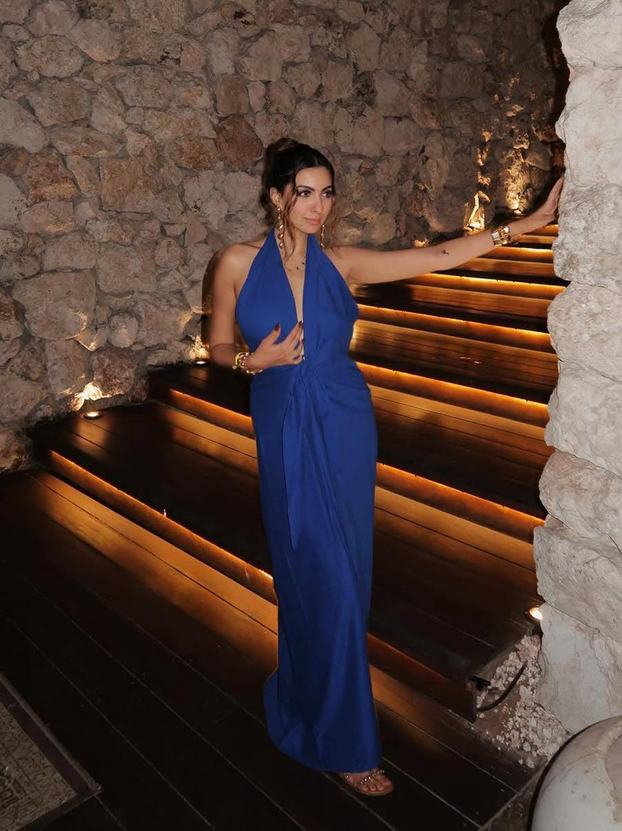 Deep V Halterneck Backless Maxi Dress