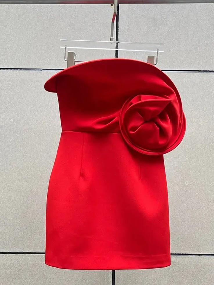Red Tube Flower Applique Short Bodycon Dress