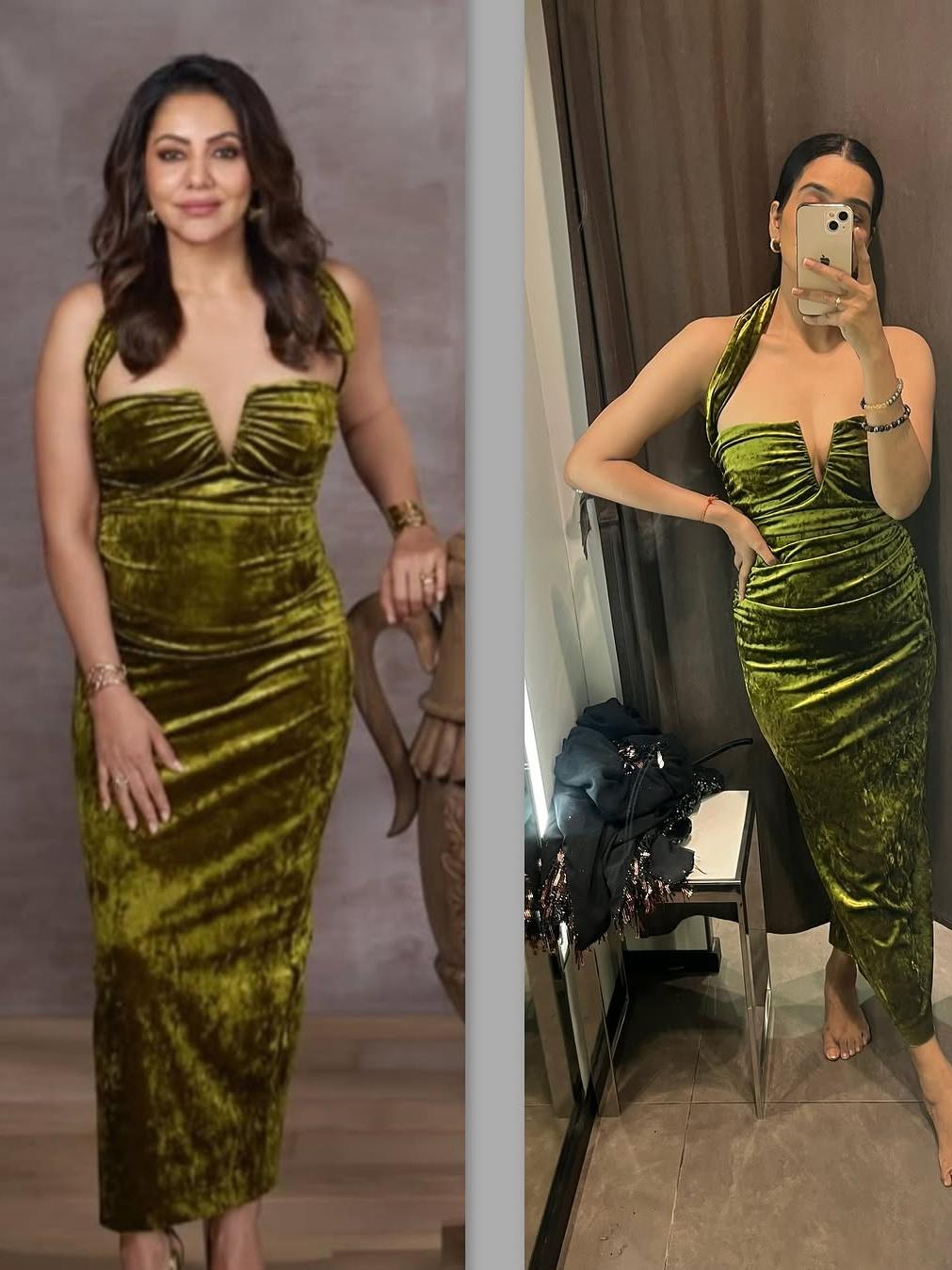 Green Halterneck Deep Neck Velvet Dress