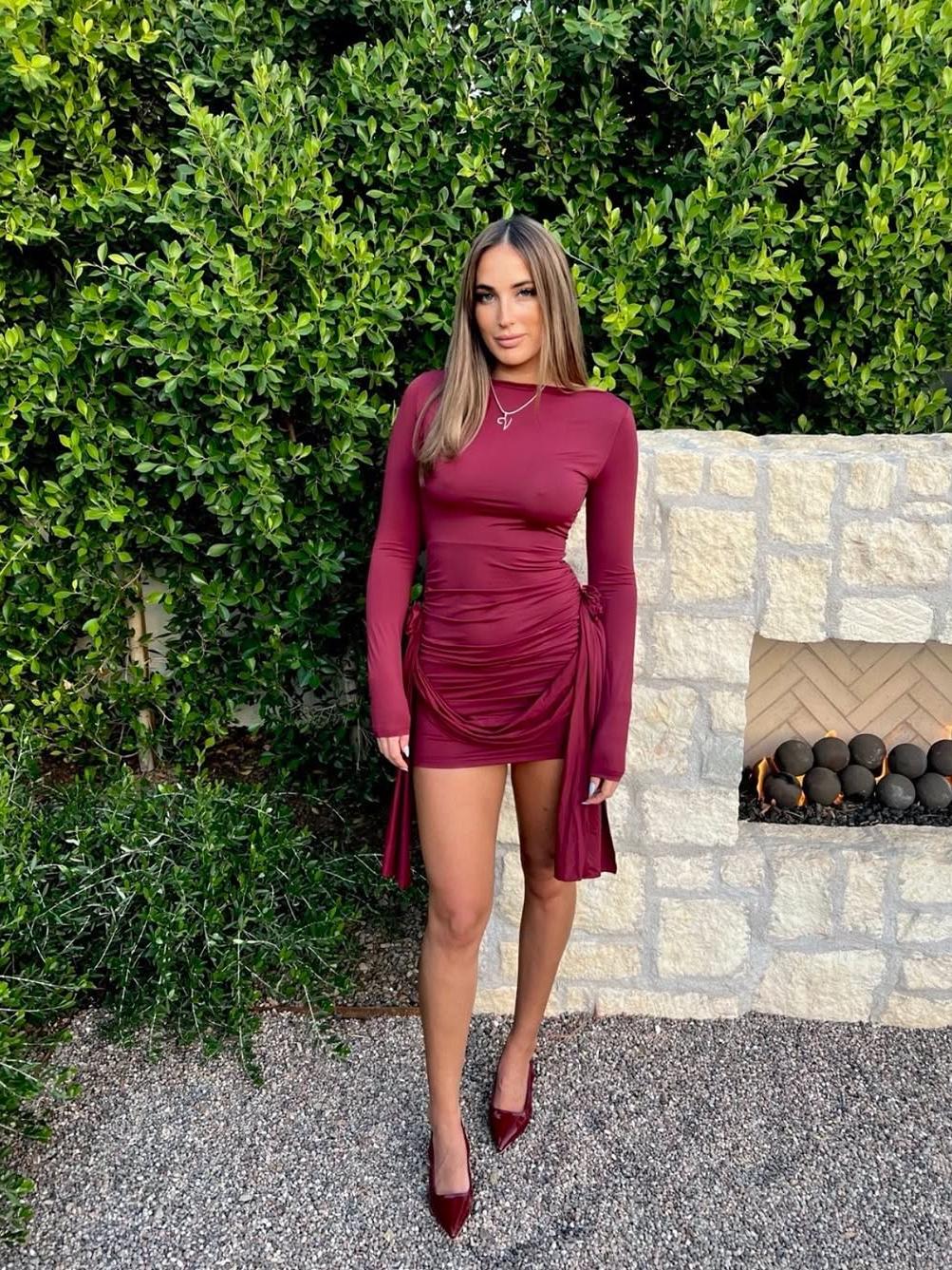 Slinky Rose Applique Full Sleeves Short Dress