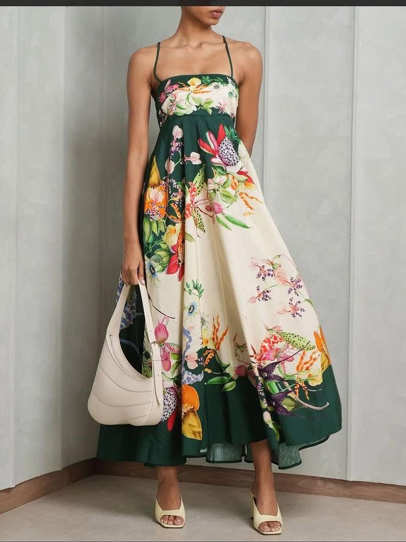 Spaghetti Strap Tropical Print Green Sundress