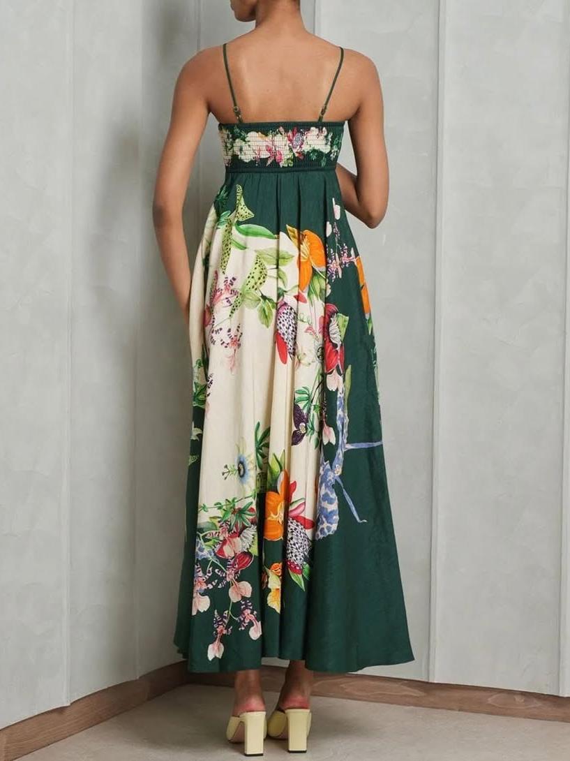 Spaghetti Strap Tropical Print Green Sundress