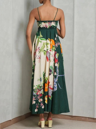 Spaghetti Strap Tropical Print Green Sundress