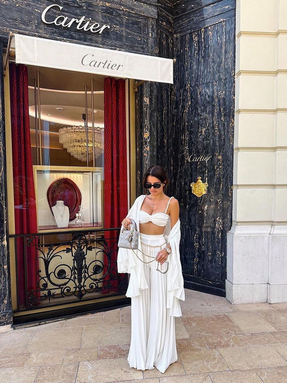 Pearl Koticim Bralette with Cape & Pants 3 Piece Set-White