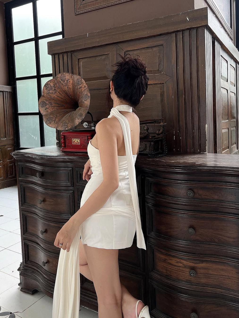 Drapped Bodycon Tube Ribbon Short Dress