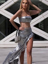 Silver Sequins Bandeau Tube Top & Ruffle Slit Skit Coord Set