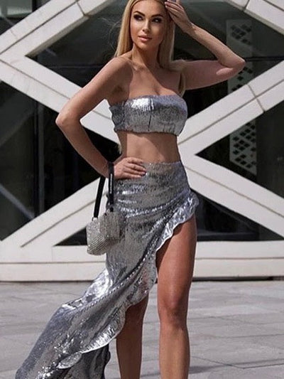 Silver Sequins Bandeau Tube Top & Ruffle Slit Skit Coord Set