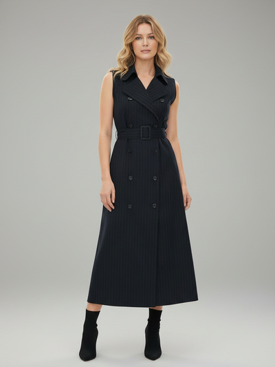 Striped sleeveless belted midi dress in navy with pinstripes and double-breasted buttons