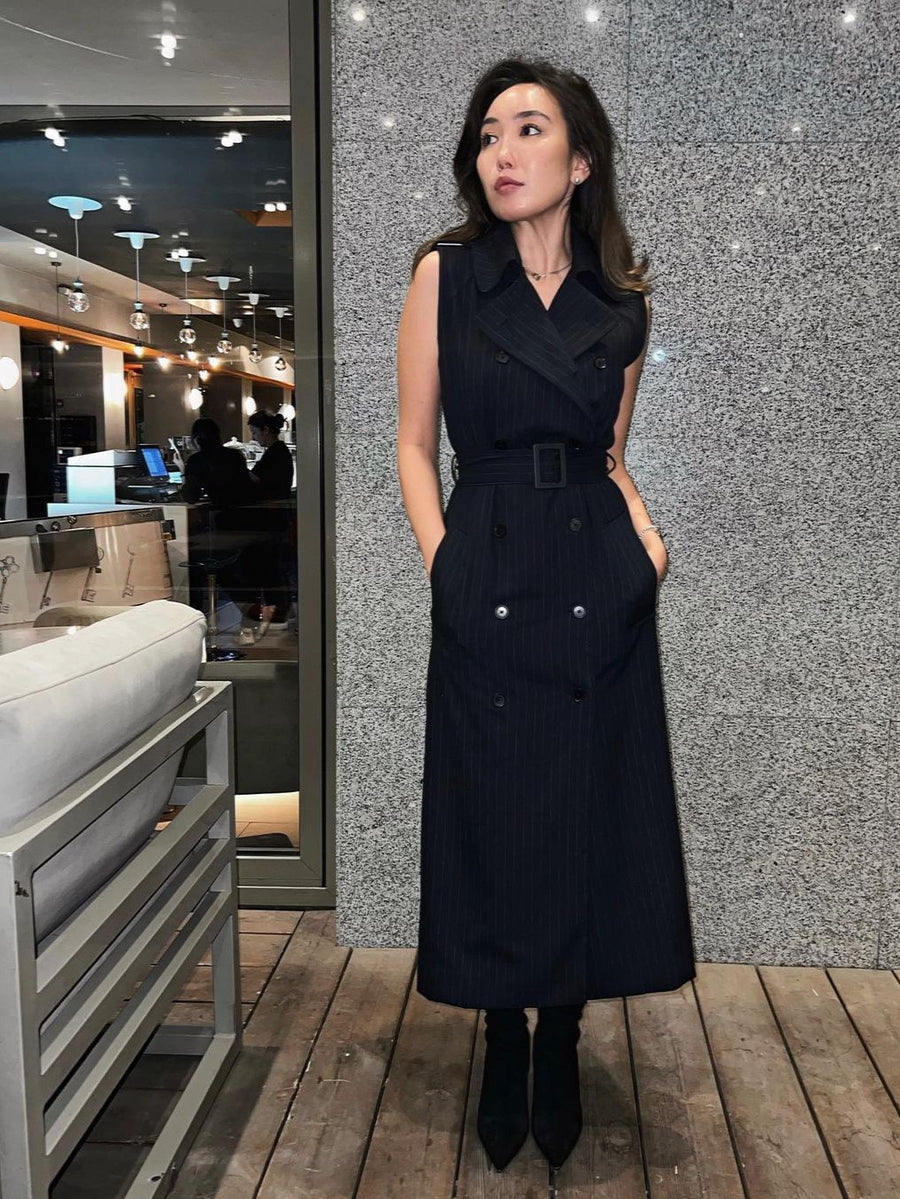 Striped Sleeveless Midi Dress with Belt