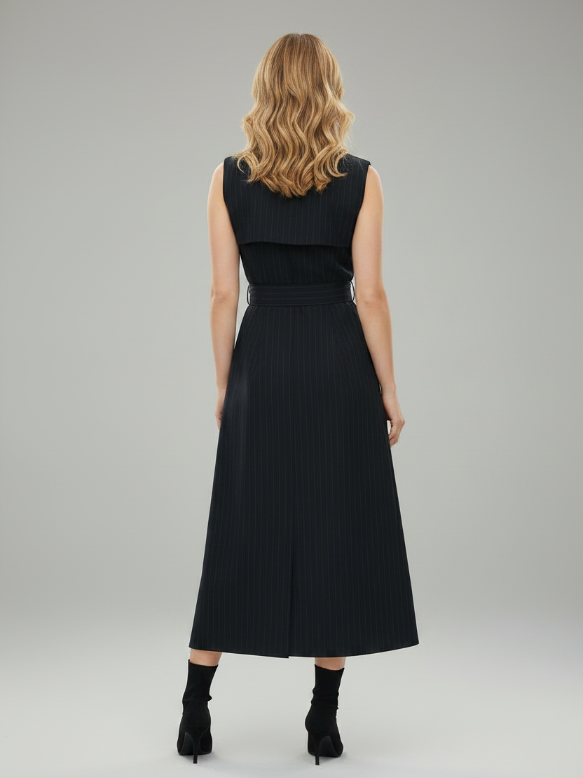 Striped sleeveless midi dress with belt, black pinstripe, belted waist