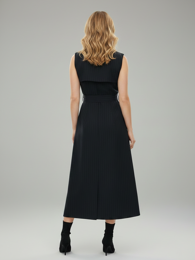 Striped sleeveless midi dress with belt, black pinstripe, belted waist