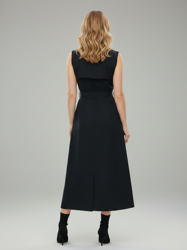 Striped Sleeveless Midi Dress with Belt