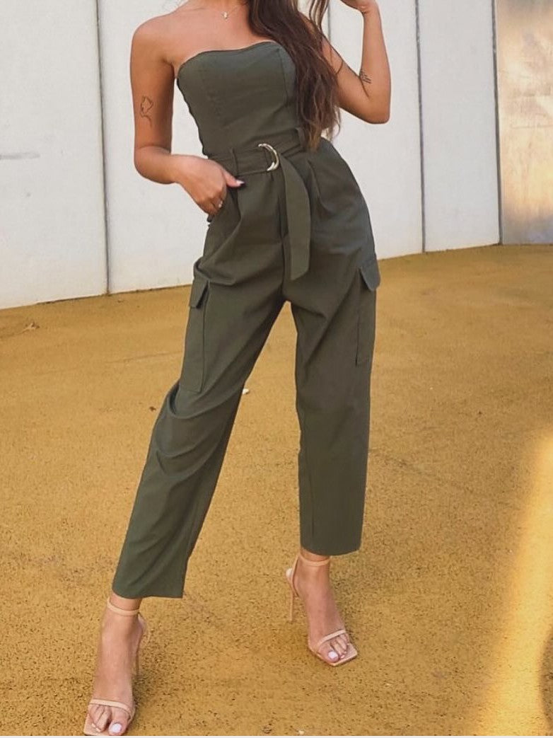 Olive Green Tube Cargo Jumpsuit with Belt