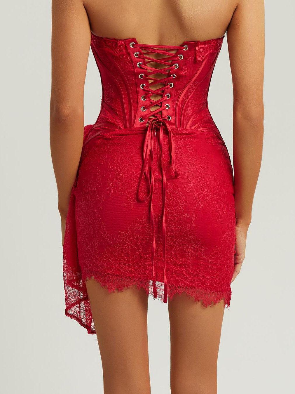 Red satin lace-overlay strapless corset-back mini dress with crisscross lacing and scalloped hem, fitted silhouette
