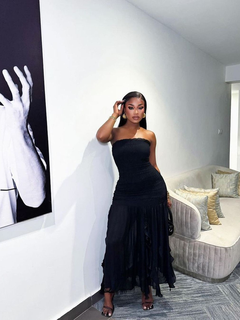 Black Bandeau Tube Frill Dress