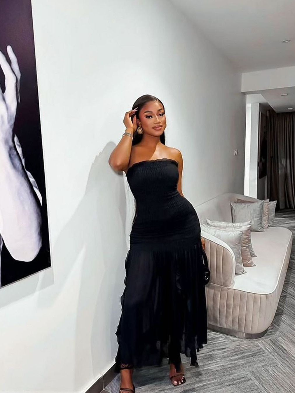 Black Bandeau Tube Frill Dress