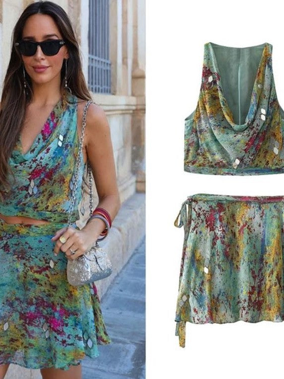 Tropical Print Crop Cowl Neck Top & Short Skirt Coord Set