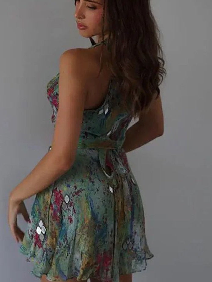 Tropical Print Crop Cowl Neck Top & Short Skirt Coord Set