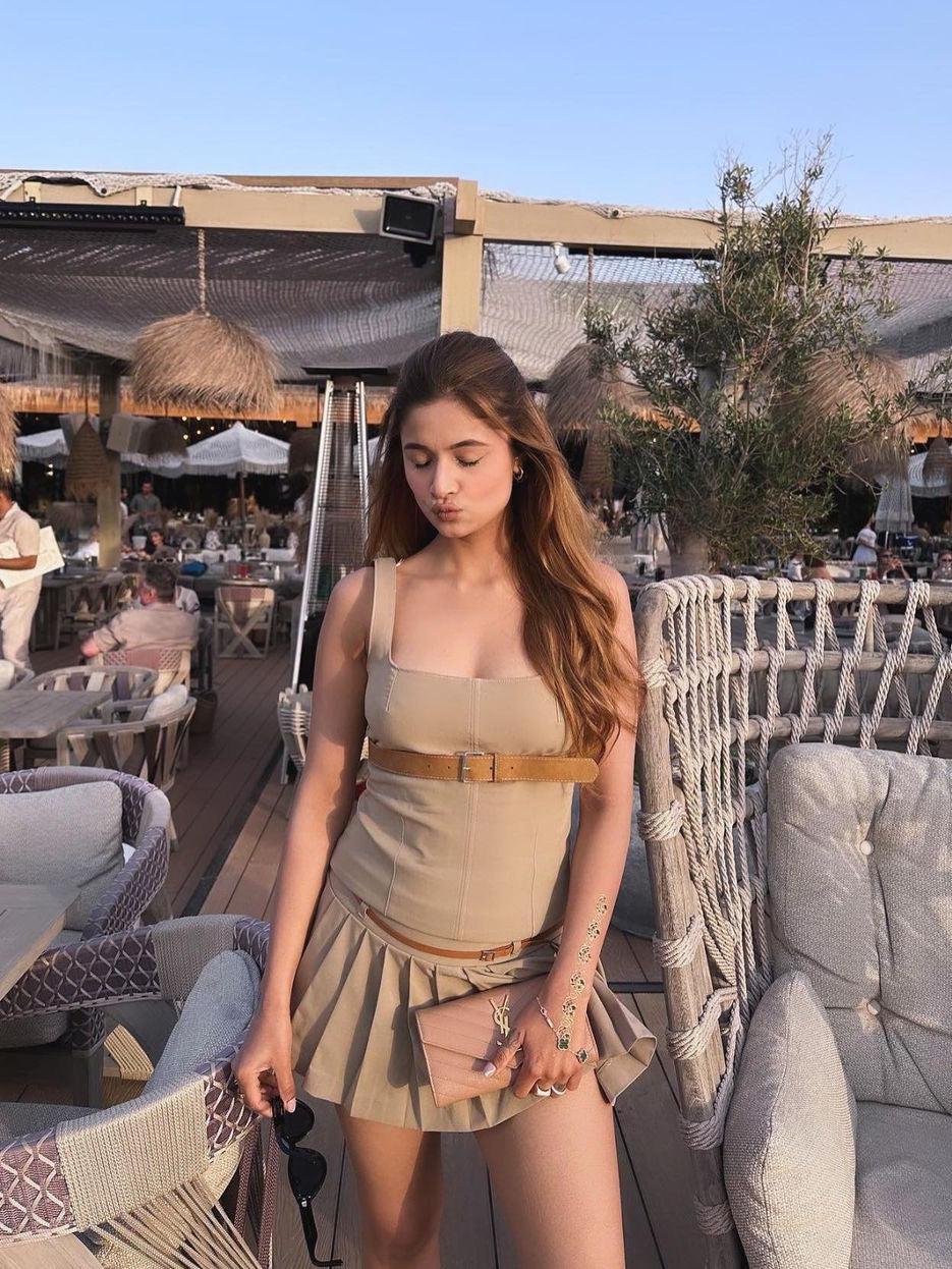 Sleeveless Cami Topwith Belt & Pleated Skirt Coord Set