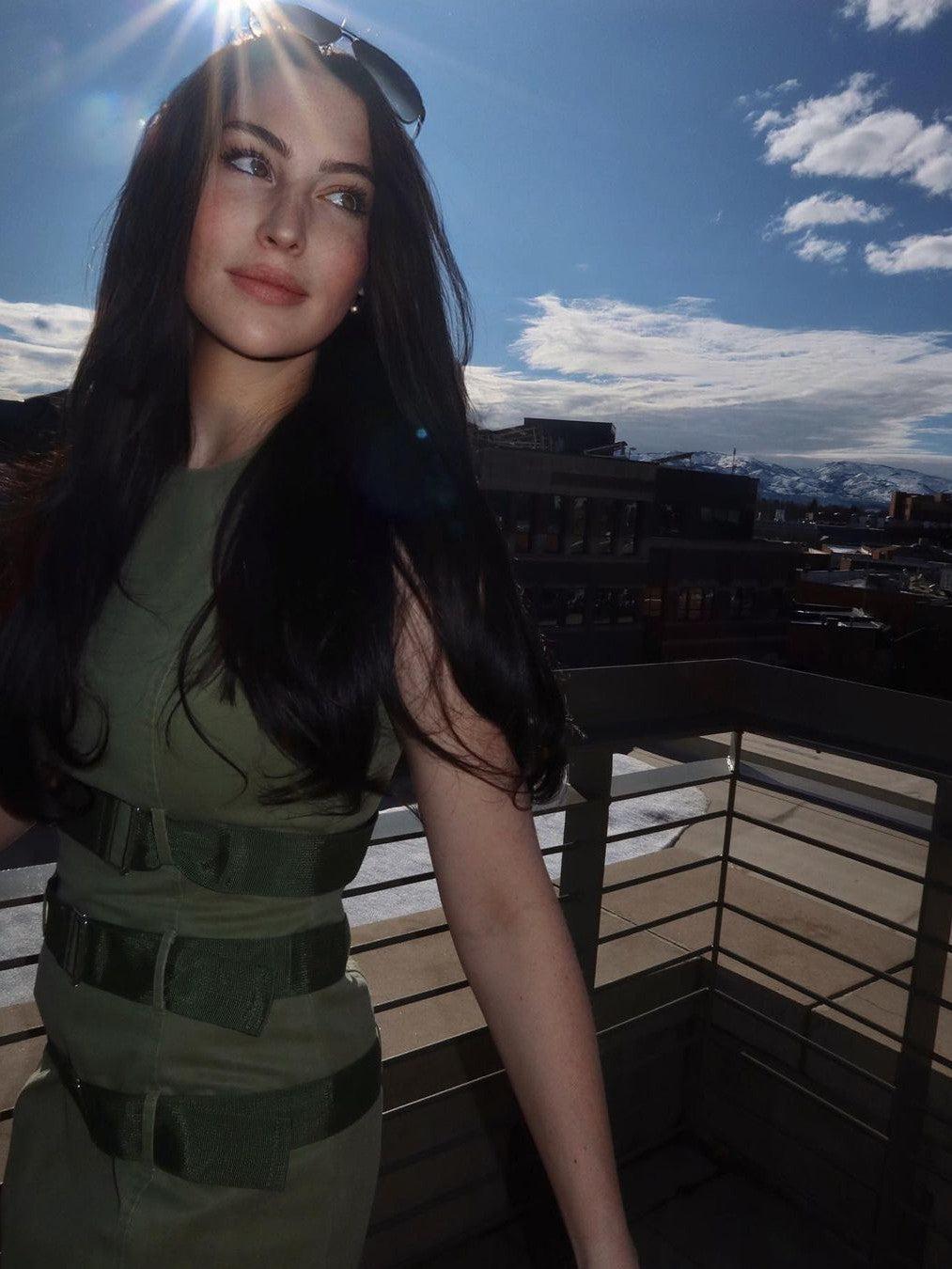 Olive Green Short Dress with 3 Belt