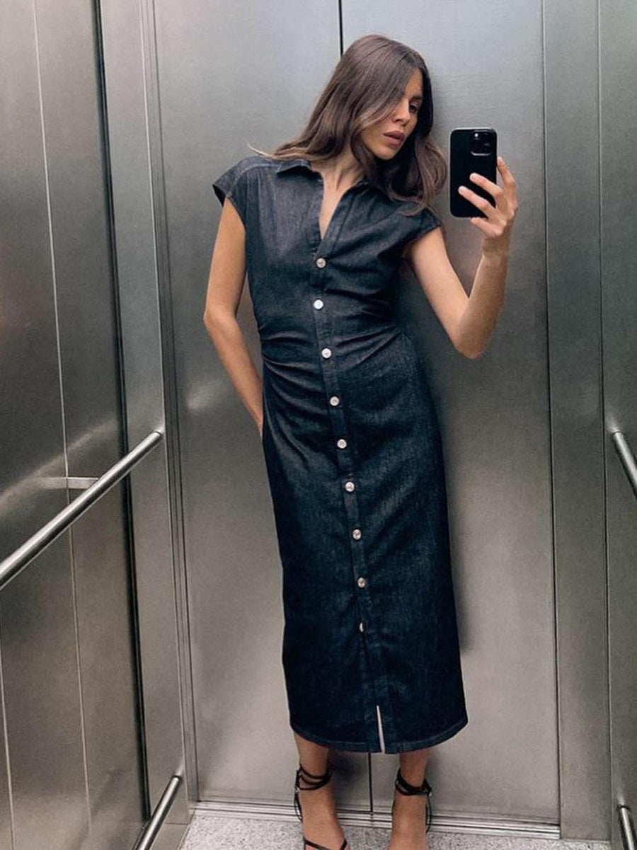 Denim Short Sleeves Button-up Shirt Dress