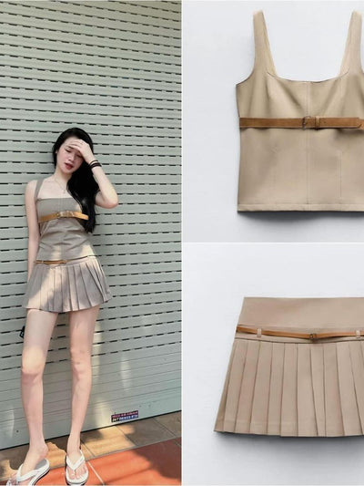 Sleeveless Cami Topwith Belt & Pleated Skirt Coord Set