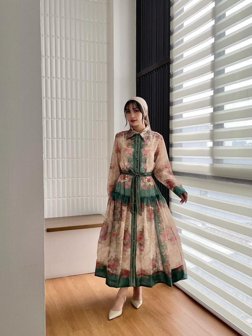 Multicolour Button Down Dress with Belt