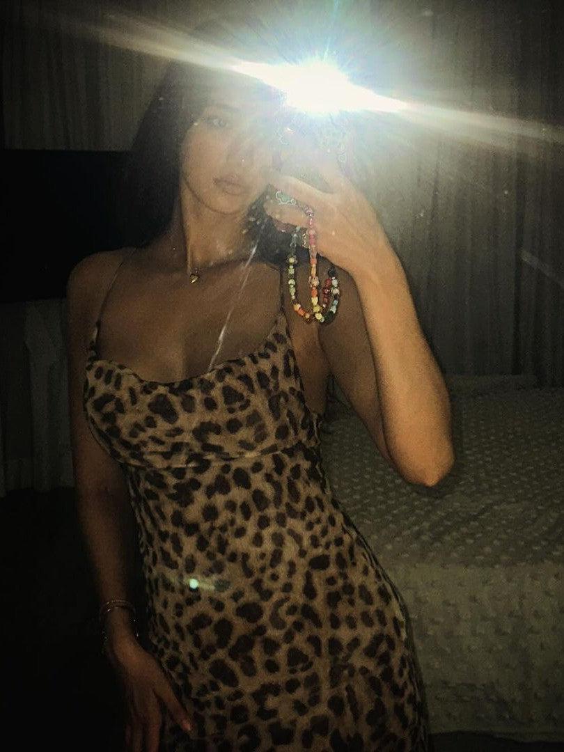 Animal Print Cowl Neck Backless Maxi Dress