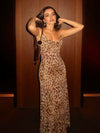 Animal Print Cowl Neck Backless Maxi Dress